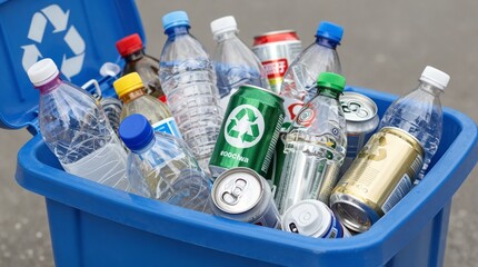 A blue recycling bin filled with various plastic bottles and aluminum cans on a gray surface