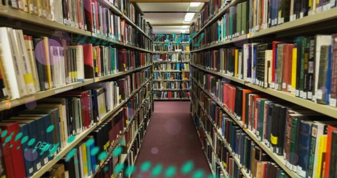 Animation of spots and data processing over books on shelves in library