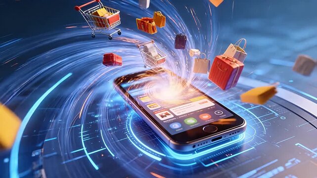 Smartphone surrounded by shopping bags in digital vortex