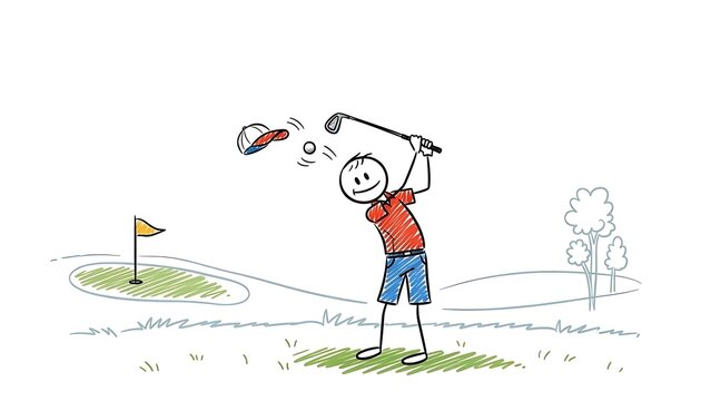 Stick Figure Golfer Swinging Club on Green with Hat Flying Off.
