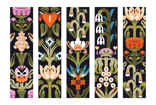 Designs of bookmarks with floral print set. Book marks templates with abstract flowers in symmetrical and irregular style. Tags with wildflowers, leaves and bloom plants. Flat vector illustrations
