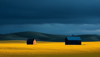 Golden fields illuminate rustic barns under dramatic dark skies, capturing the serene contrast of nature's beauty and human architecture.