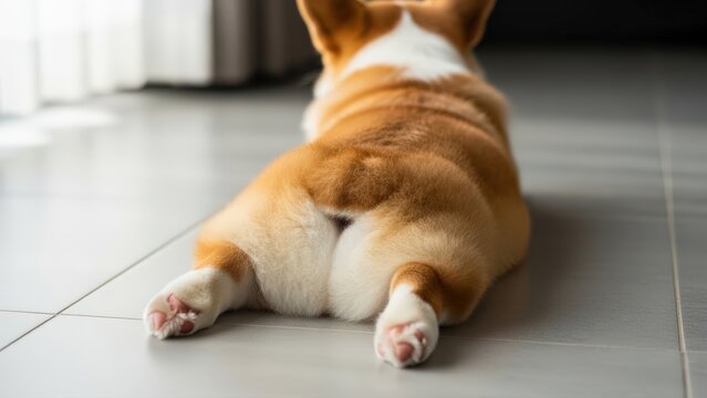 Fluffy adorable Corgi dog relaxing in a classic sploot pose, showcasing its cute rear view on a light gray tiled floor