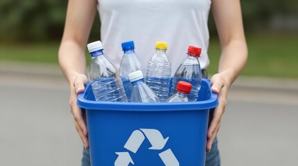 A person holding a blue recycling bin filled with plastic bottles on a street