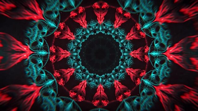 A vibrant stylized wave dominates the dark background in a kaleidoscope pattern