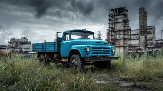 old soviet era diesel truck parked near abandoned factory, overcast sky, industrial decay atmosphere, realistic photo