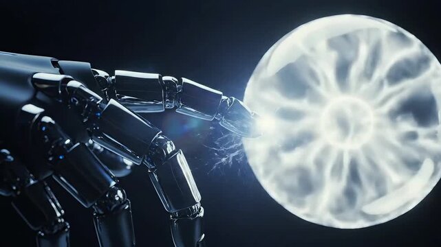 Close-up of a robotic hand interacting with a glowing orb of energy, representing artificial intelligence and technological advancement