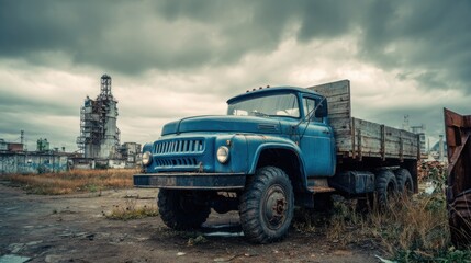 old soviet era diesel truck parked near abandoned factory, overcast sky, industrial decay atmosphere, realistic photo