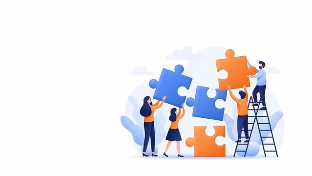 明るい背景の上のパズルピースと協力する人々