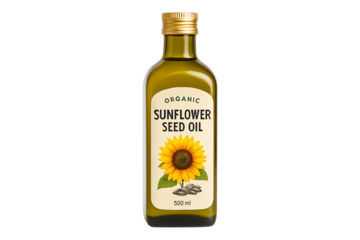 a bottle of organic sunflower seed oil on transparent background