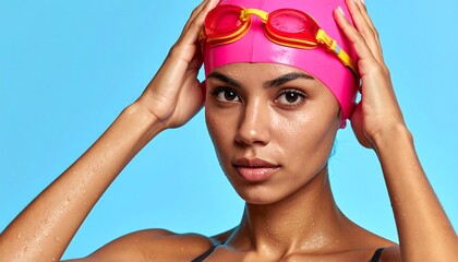Swimmer adjusts cap glistening skin