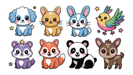Obraz premium Playful Companions: An adorable collection of cartoon animals, each radiating charm and cheer, gathered together. A scene full of vibrant colors