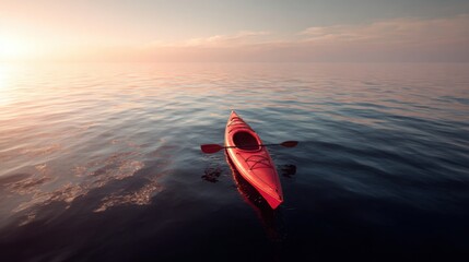 Single red kayak floating on open sea at sunset, calm water surface, wide horizon, sense of freedom and solitude, minimalistic adventure concept