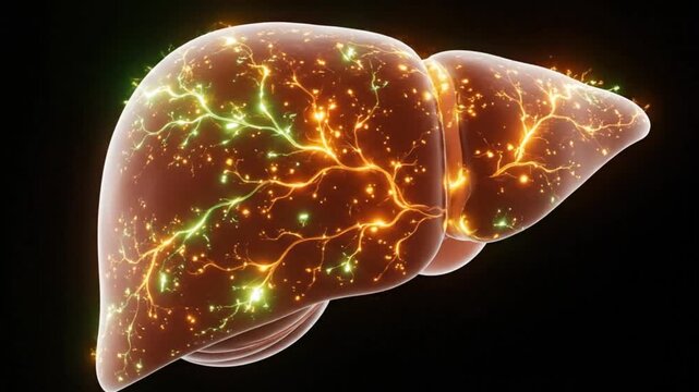 3D Animation of Human Liver Regeneration with Glowing Energy Cells and Medical Health Concept