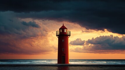 Single red lighthouse standing near open sea at dramatic sunset, glowing sky, strong contrast between structure and water, minimalistic maritime
