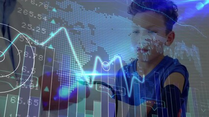 child patient wearing sensor band, doctor monitoring medical data with floating holographic charts - Powered by Adobe