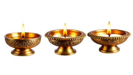 “Traditional Ornate Brass Diya with Glowing Flame, Isolated Transparent PNG”