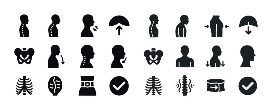 Human anatomy icons: spine, posture, joints, and muscles in silhouette