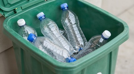 A green recycling bin filled with clear plastic water bottles