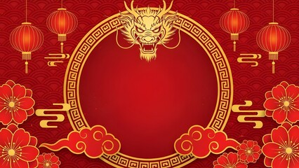 A wide horizontal red background featuring a central circular frame, traditional stylized clouds, and hanging lanterns for the spring festival.