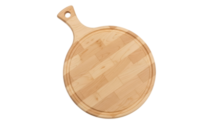 Round wooden cutting board PNG isolated on transparent background, natural wood serving platter for food presentation and kitchen use