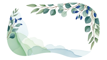 Set of Watercolor floral frame templates. Blue eucalyptus, greenery branches, leaves and abstract washes. Cut out hand drawn PNG illustration on transparent background. Isolated clipart.