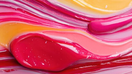 Vibrant abstract pastry with bold pink orange and red glaze, smooth high gloss surface, joyful dopamine color palette, modern dessert art object