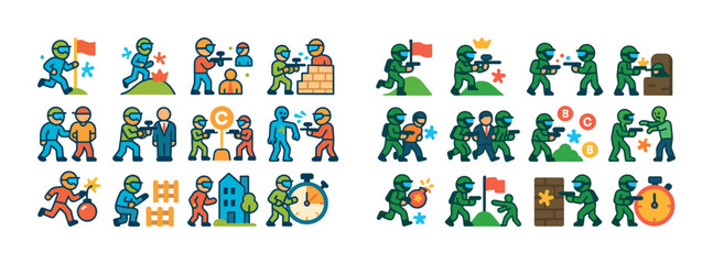 Naklejka premium Colorful cartoon soldiers engaged in tactical battle scenarios and strategy icons