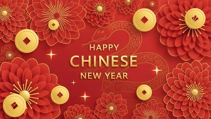 Red horizontal banner with 3D paper-cut flowers, gold coins, and "Happy Chinese New Year" typography for festive marketing.