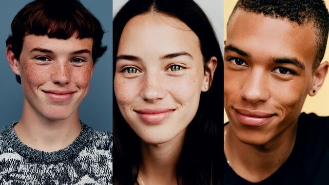 Three teenagers stand side by side before blue wall subtly shifting expressions capturing authentic youth friendship individuality and modern social media portrait mood