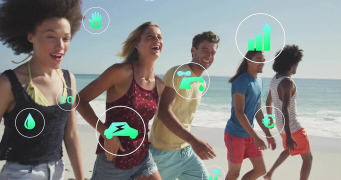 Friends walking along beach activating environmental icons then jogging causing data icons to grow