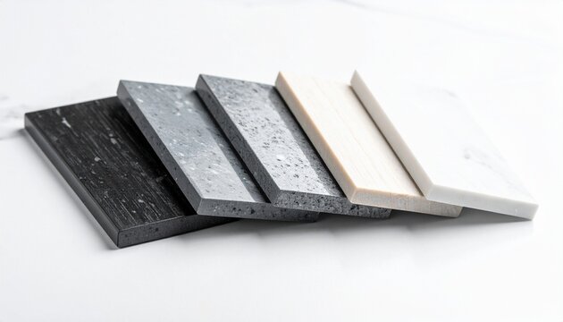 Stacked stone samples on veined surface showcasing countertop textures and material contrast for interior design