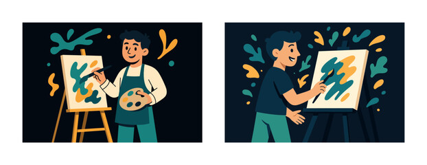 Two young asian male artists painting on canvases in a creative studio