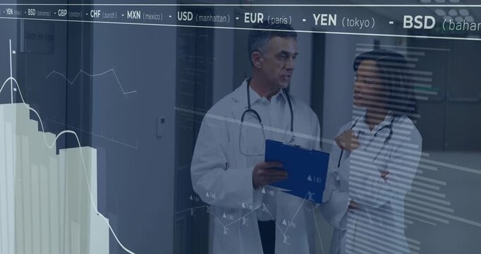Woman doctor tapping clipboard causing man doctor shifting it with finance graphs guiding analysis