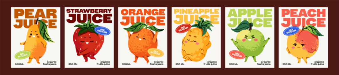Obraz premium Designs of kids' juice labels with kawaii characters of fruits and berries set. Stickers templates of natural drinks with cute and funny apple, orange, strawberry and pear. Flat vector illustrations