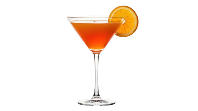 Orange cocktail in martini glass isolated PNG, refreshing summer drink with citrus garnish on transparent background for bar menu