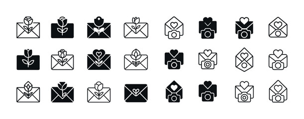 Set of envelope icons with hearts, flowers, and cameras in black and white
