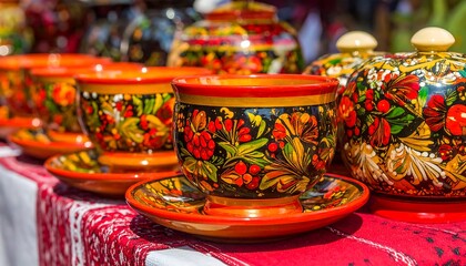 Colorful Hand Painted Ceramic Containers on Table.
