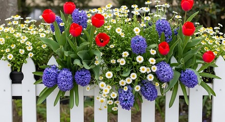 Vibrant flowers on white picket fence.