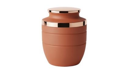 Elegant terracotta urn isolated PNG on transparent background, cremation vessel for ashes and memorial keepsake, modern design with gold accents