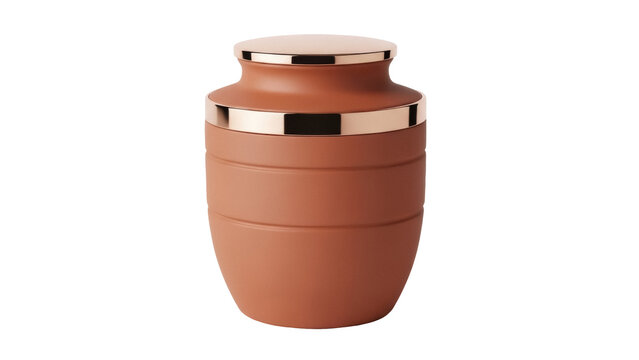 Elegant terracotta urn isolated PNG on transparent background, cremation vessel for ashes and memorial keepsake, modern design with gold accents