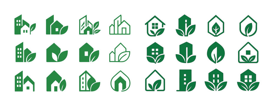 Green building icons set featuring sustainable architecture and eco-friendly designs