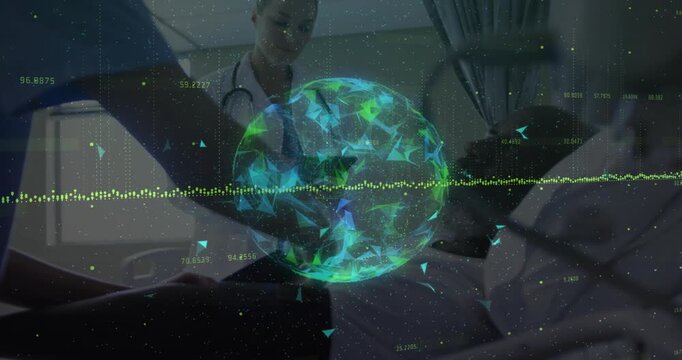 nurse reaching rail initiating transparent sphere overlaying exam and physician monitoring waveform