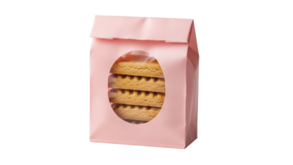 Pink paper bag with cookies isolated PNG on transparent background, sweet treat in a gift bag for bakery and confectionery use