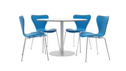 Fototapeta premium Modern round table with four blue chairs isolated PNG, contemporary furniture set for office or dining room on transparent background