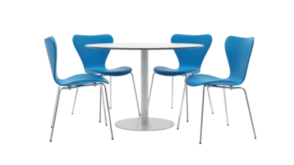 Modern round table with four blue chairs isolated PNG, contemporary furniture set for office or dining room on transparent background