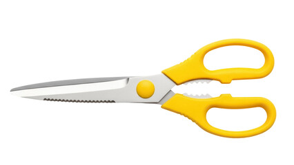 Yellow handled kitchen shears isolated PNG on transparent background, serrated scissors for cutting food and herbs, cooking tool