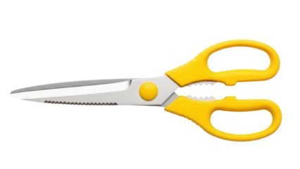 Yellow handled kitchen shears isolated PNG on transparent background, serrated scissors for cutting food and herbs, cooking tool