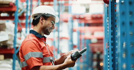 Tablet, cargo and scanner with man in warehouse for delivery procurement, inventory management in...
