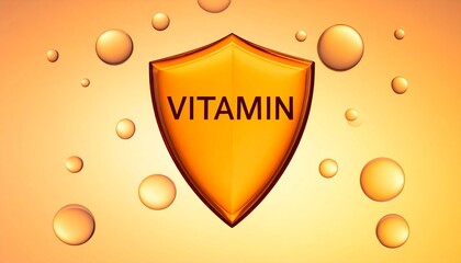 Orange vitamin shield with bubbles on gradient orange.